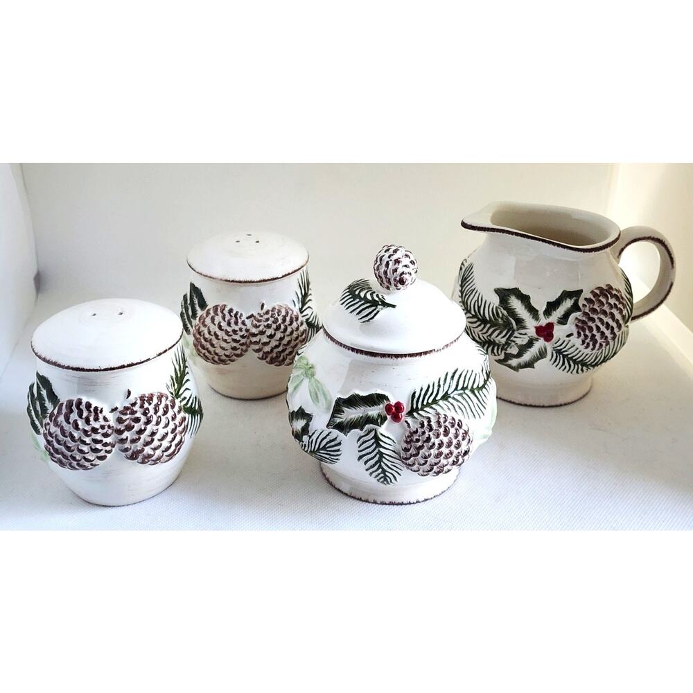 Salt Pepper Creamer Sugar Bowl Set-Florida Marketplace-Pine Cones-4 Pieces